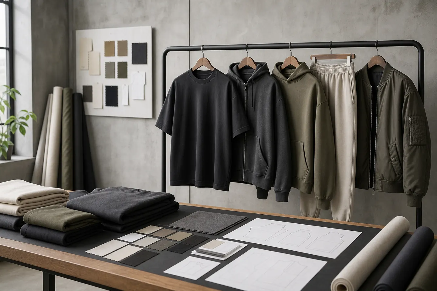 streetwear clothing sampling process in a modern apparel studio