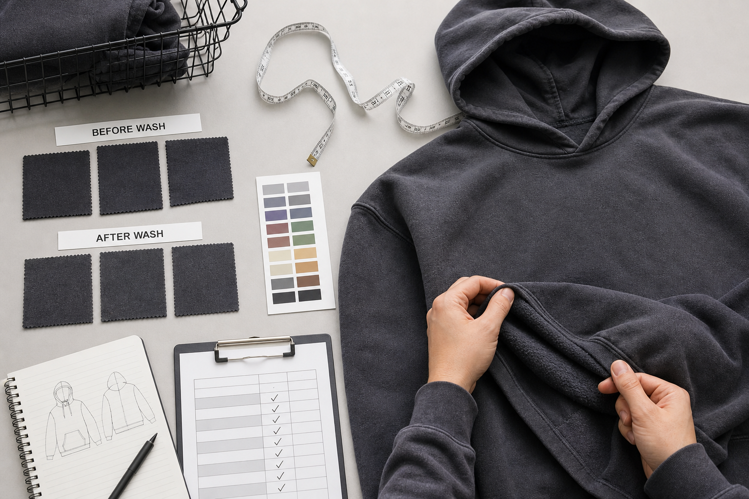 Streetwear garment wash quality control for color and shrinkage