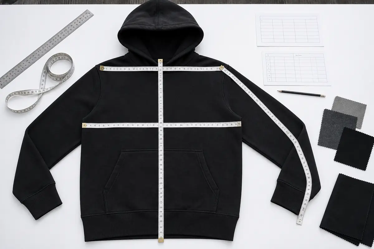 Garment measurement tolerance points on a hoodie