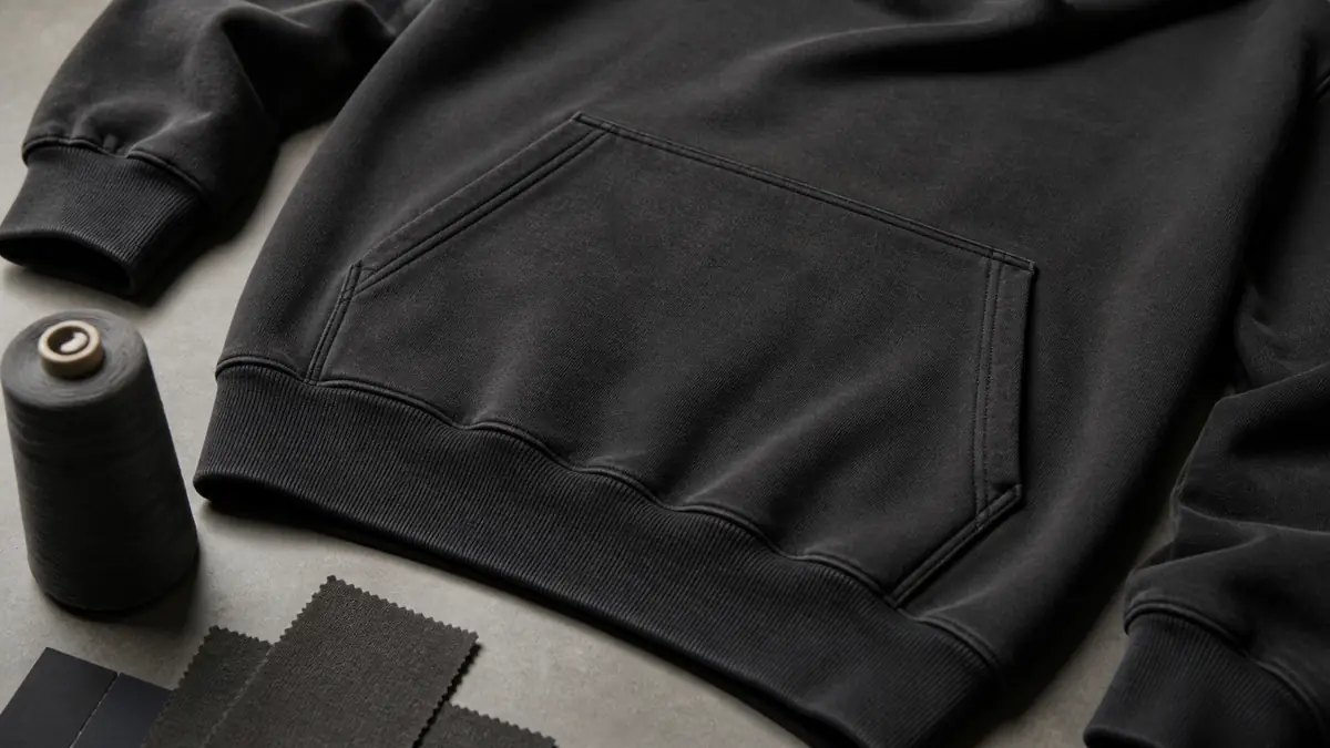 Hoodie kangaroo pocket construction on heavyweight streetwear