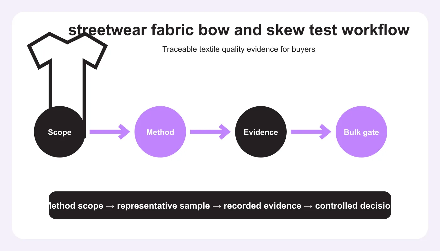 streetwear fabric bow and skew test workflow and buyer decision diagram