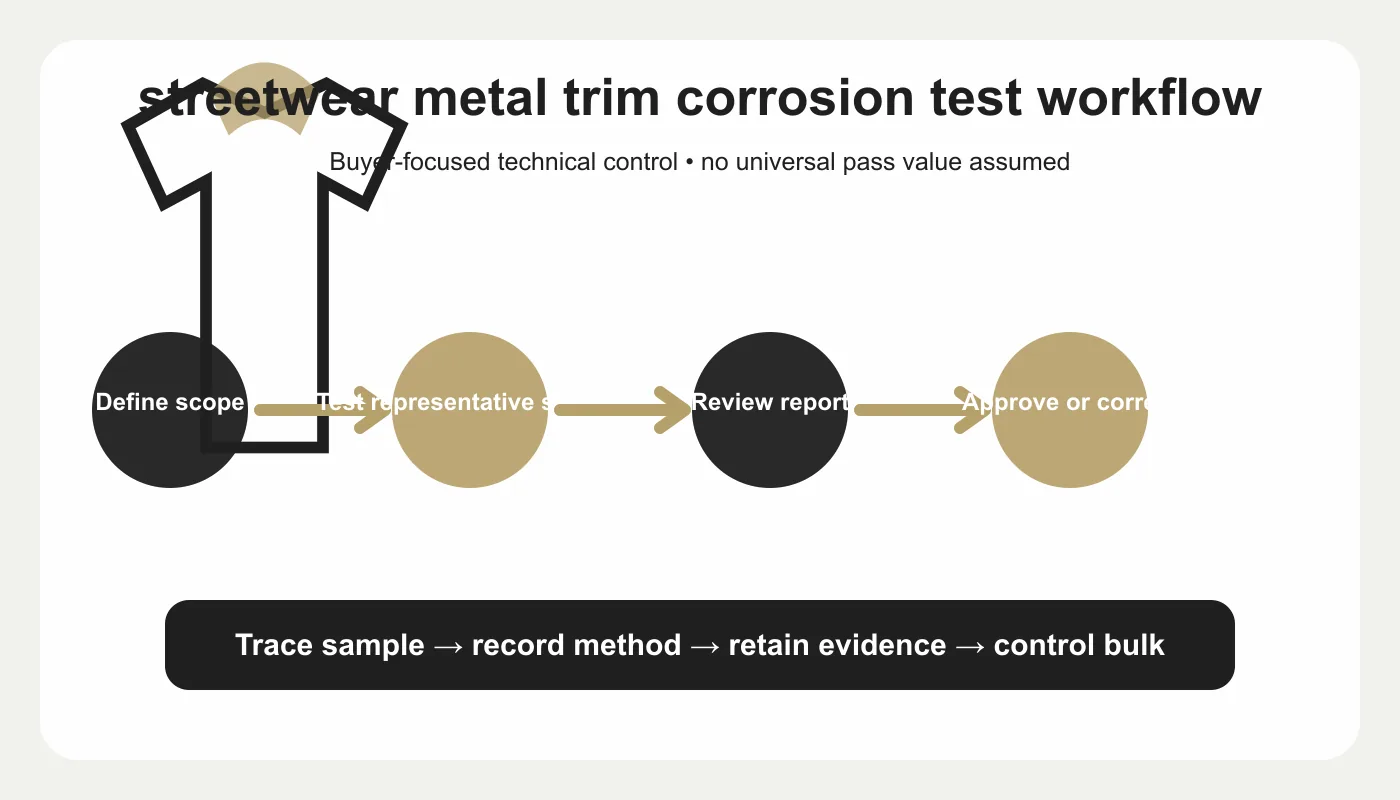 streetwear metal trim corrosion test workflow and buyer decision diagram