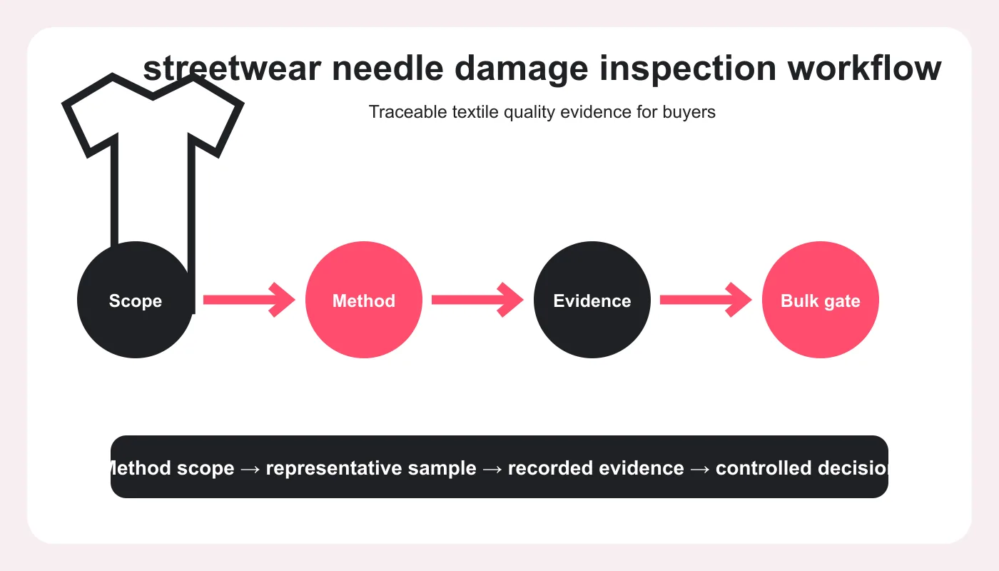 streetwear needle damage inspection workflow and buyer decision diagram