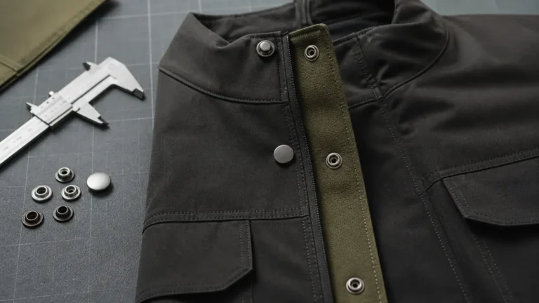 streetwear snap button specification feature showing snap components and reinforced fabric