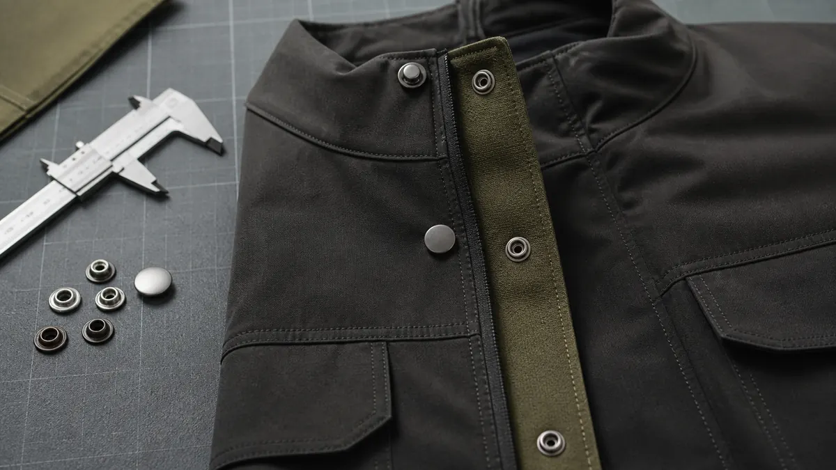 streetwear snap button specification feature showing snap components and reinforced fabric