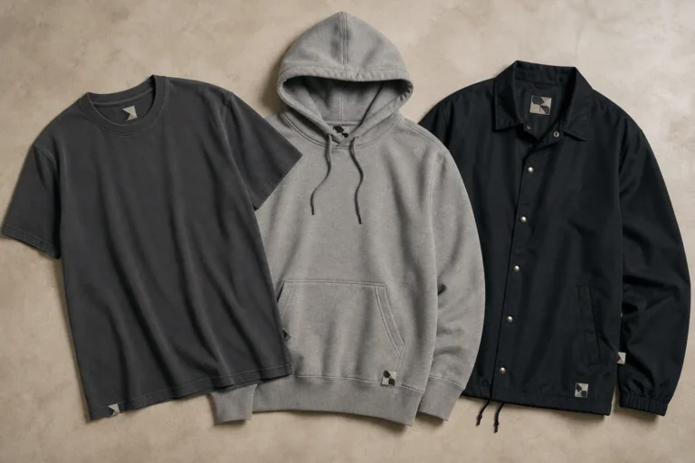 Streetwear woven label placement on a private-label garment