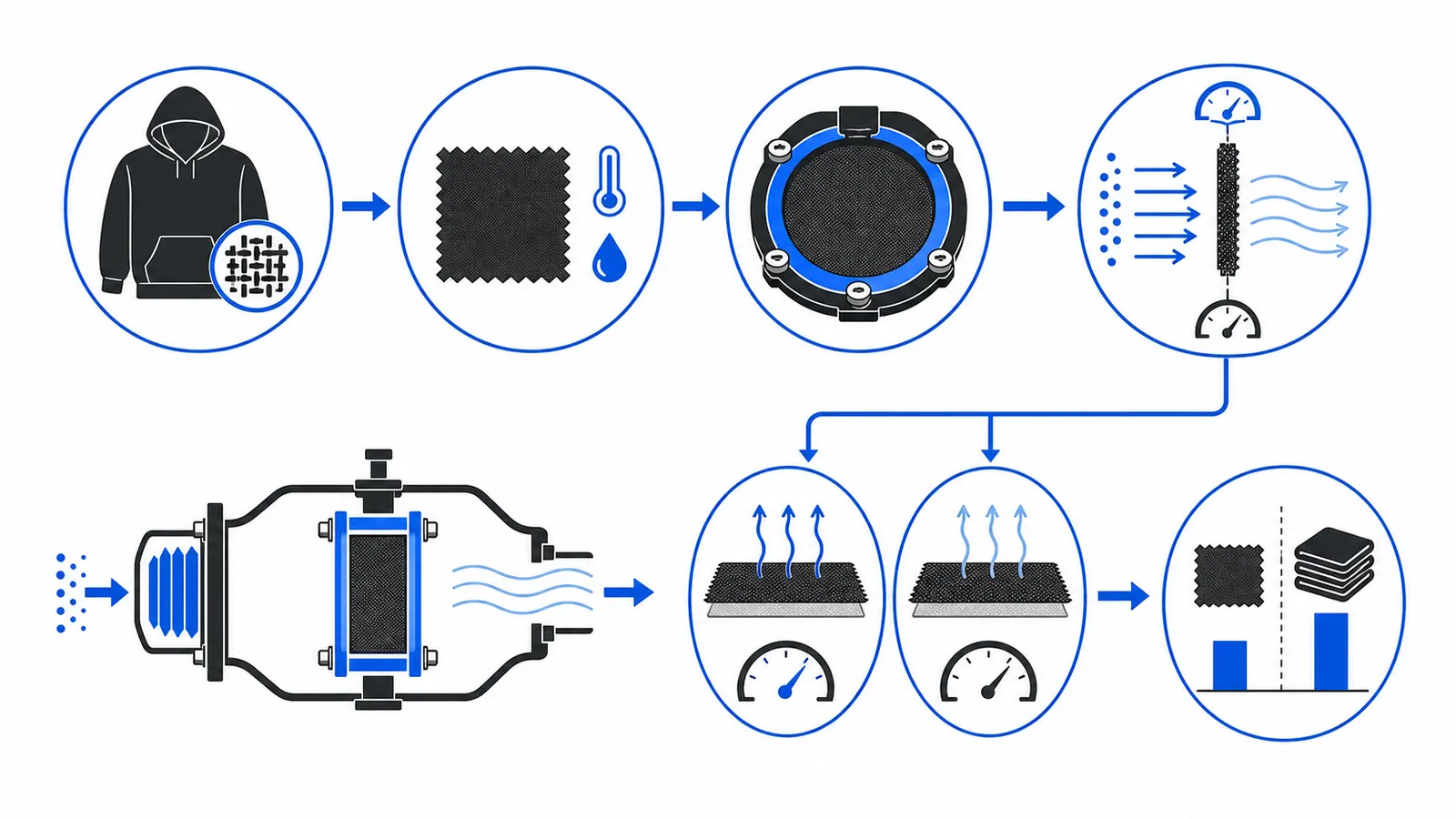 streetwear air permeability test sample conditioning and measurement workflow